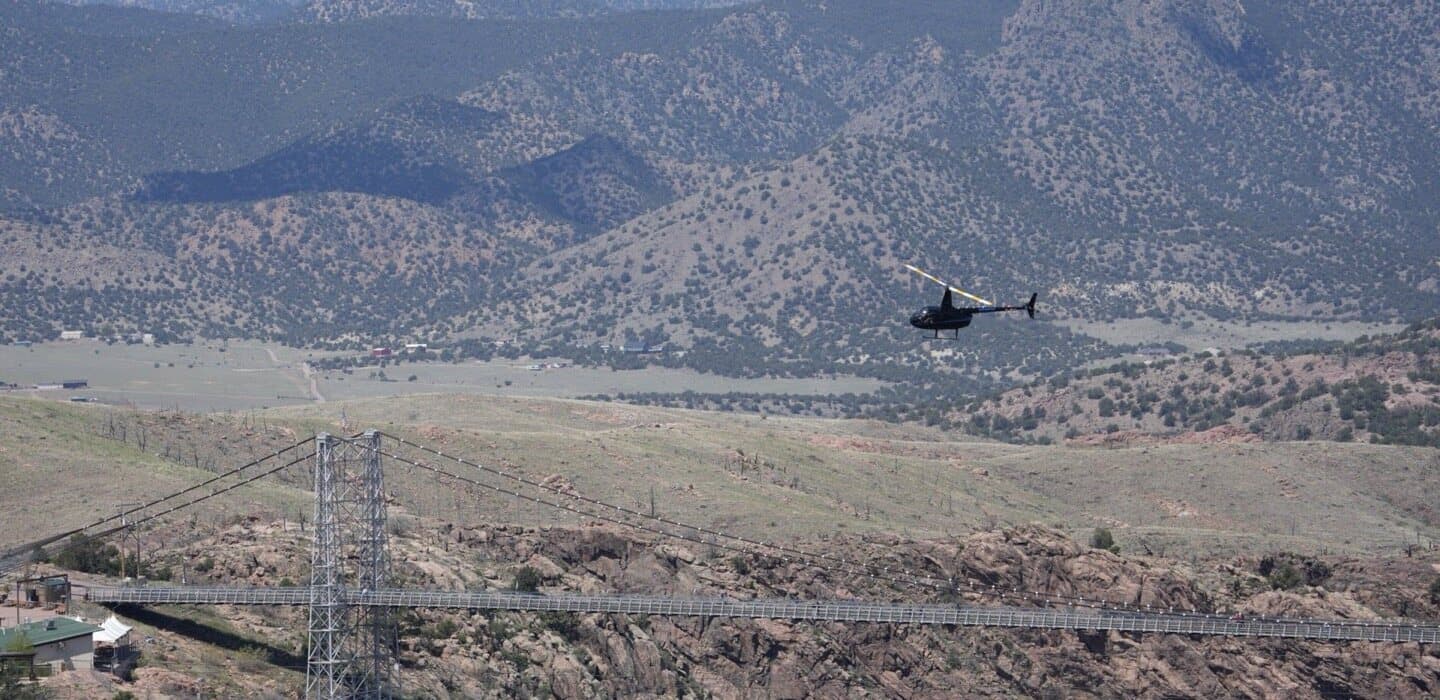 Aerial view of the Royal Gorge canyon with rafts running the Arkansas River